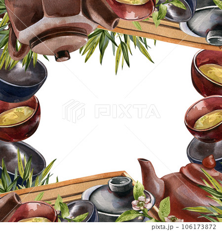 Frame asian teapot, bowl for tea ceremony isolated on white background. Watercolor hand drawing illustration Art design 106173872