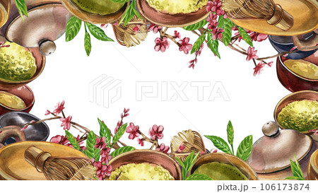 Frame bowl, matcha tea, teapot, whisk, sakura flowers isolated on white. Watercolor hand drawn illustration. Art design Frame bowl, matcha tea, teapot, whisk, sakura flowers isolated on white. Watercolor hand drawn illustration. Art design 106173874