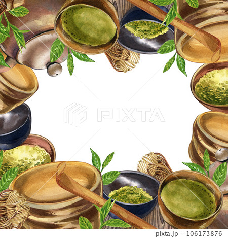 Frame bowl, matcha, teapot, bamboo whisk, tea plant isolated on white. Watercolor hand drawing illustration. Art design 106173876
