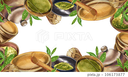 Frame bowl, matcha, teapot, bamboo whisk, tea plant isolated on white. Watercolor hand drawing illustration. Art design Frame bowl, matcha, teapot, bamboo whisk, tea plant isolated on white. Watercolor hand drawing illustration. Art design 106173877
