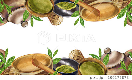 Seamless border bowl, matcha, teapot, whisk, tea plant isolated on white. Watercolor hand drawn illustration. Art design Seamless border bowl, matcha, teapot, whisk, tea plant isolated on white. Watercolor hand drawn illustration. Art design 106173878