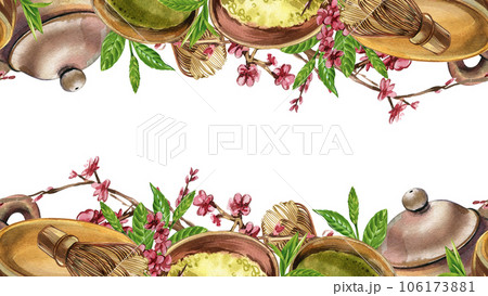 Seamless frame bowl, matcha tea, teapot, whisk, sakura isolated on white. Watercolor hand draw illustration. Art design 106173881