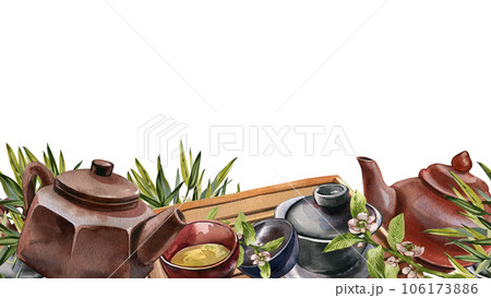 Seamless border teapot, bowl for tea ceremony isolated on white background. Watercolor hand draw illustration Art design Seamless border teapot, bowl for tea ceremony isolated on white background. Watercolor hand draw illustration Art design 106173886
