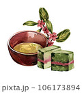 Asian bowl, japanese matcha cake and branch tea plant isolated on white. Watercolor hand drawn illustration. Art design 106173894