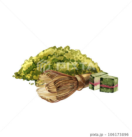 Heap matcha tea, pressed tea squares, bamboo whisk isolated on white. Watercolor hand drawing illustration. Art design 106173896