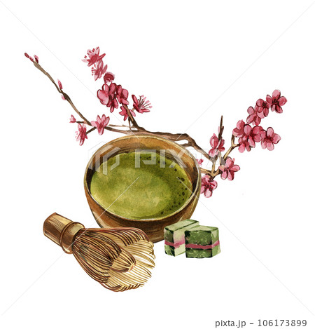 Bowl, pressed tea squares, bamboo whisk, isolated sakura branch on white. Watercolor hand draw illustration. Art design Bowl, pressed tea squares, bamboo whisk, isolated sakura branch on white. Watercolor hand draw illustration. Art design 106173899