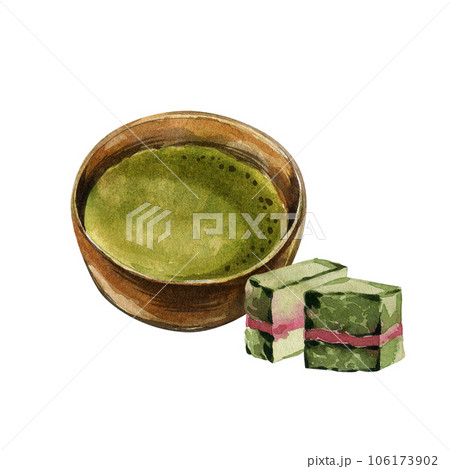 Asian ceramic bowl with tea, japanese matcha cake isolated on white. Watercolor hand drawn illustration. Art for design 106173902