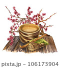 Chawan bowl, heap matcha tea, bamboo spoon, whisk on table, sakura isolated on white. Watercolor hand drawn illustration 106173904