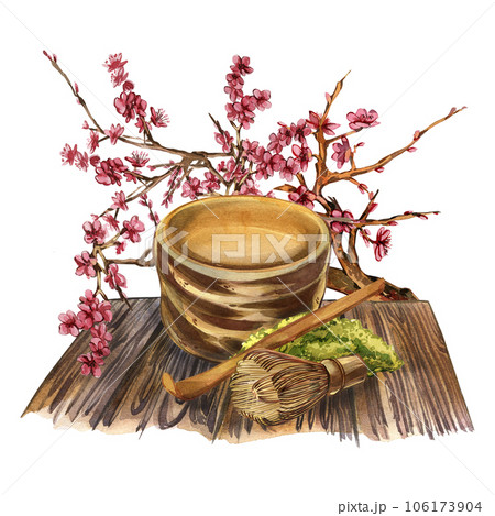 Chawan bowl, heap matcha tea, bamboo spoon, whisk on table, sakura isolated on white. Watercolor hand drawn illustration 106173904