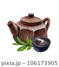 Asian teapot, bowl, branch tea plant isolated on white background. Watercolor hand drawing illustration. Art for design 106173905