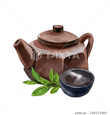 Asian teapot, bowl, branch tea plant isolated on white background. Watercolor hand drawing illustration. Art for design Asian teapot, bowl, branch tea plant isolated on white background. Watercolor hand drawing illustration. Art for design 106173905