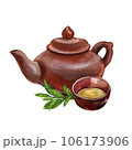Asian teapot, bowl, branch tea plant isolated on white background. Watercolor hand drawing illustration. Art for design 106173906