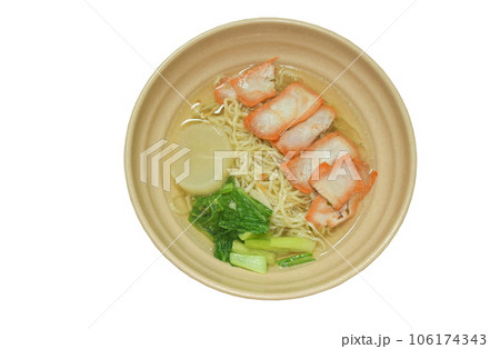 boiled Chinese egg noodles topping slice roasted red pork in soup on bowl 106174343