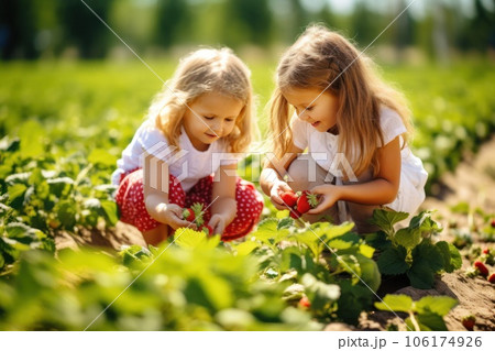 Girls with strawberries on sunny day Girls with strawberries on sunny day 106174926