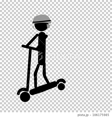 電動キックボードに乗る人のイラスト。ヘルメットを被り電動キックスケートに乗る人のアイコン 電動キックボードに乗る人のイラスト。ヘルメットを被り電動キックスケートに乗る人のアイコン 106175985