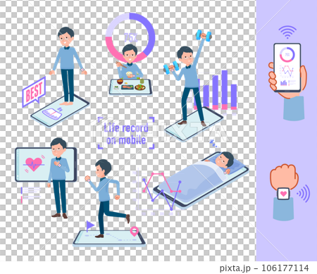スマートフォンで行動と健康を管理しているお父さんのセット 106177114