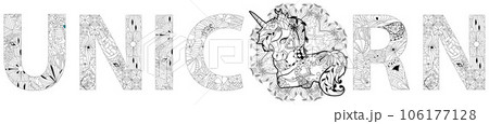 Word UNICORN. Vector decorative zentangle object. Hand-painted art design Word UNICORN. Vector decorative zentangle object. Hand-painted art design 106177128