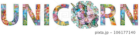 Word UNICORN. Vector decorative zentangle object. Hand-painted art design 106177140