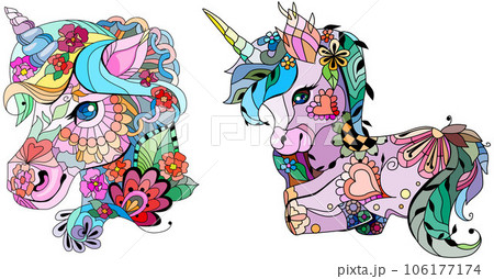 Set of cute cartoon unicorns. Fantastic animal. For the design of prints, posters, stickers, tattoos. Set of cute cartoon unicorns. Fantastic animal. For the design of prints, posters, stickers, tattoos. 106177174