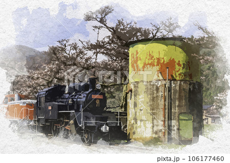水彩画風 若桜駅 DD16とC12と給水塔 鳥取県八頭郡若桜町 水彩画風 若桜駅 DD16とC12と給水塔 鳥取県八頭郡若桜町 106177460