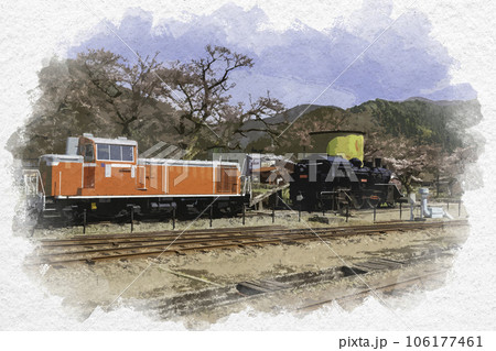 水彩画風　若桜駅　DD16とC12と給水塔　鳥取県八頭郡若桜町 106177461
