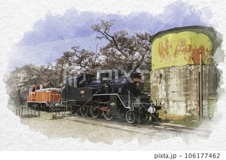 水彩画風　若桜駅　DD16とC12と給水塔　鳥取県八頭郡若桜町 106177462