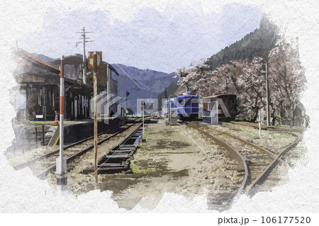 水彩画風　若桜駅　ホーム　鳥取県八頭郡若桜町 106177520