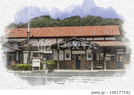 水彩画風　若桜駅　駅舎　鳥取県八頭郡若桜町 106177582