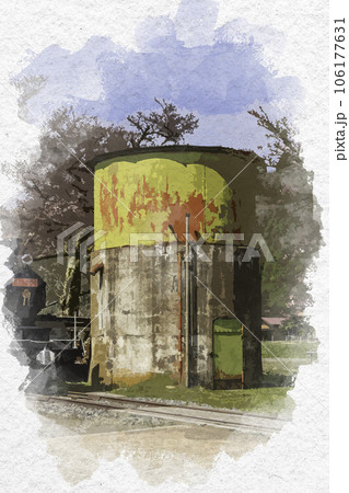 水彩画風　若桜駅　給水塔　鳥取県八頭郡若桜町 106177631