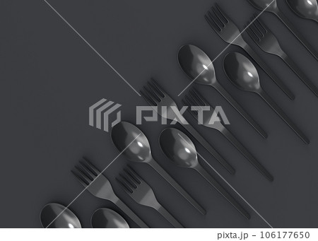 Set of disposable utensils like spoon, fork and knife on monochrome background. 106177650