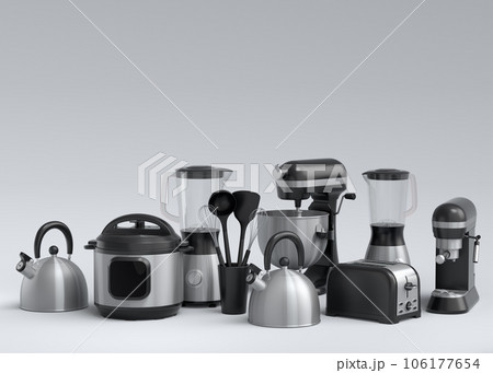 Electric kitchen appliances and utensils for making breakfast on white 106177654