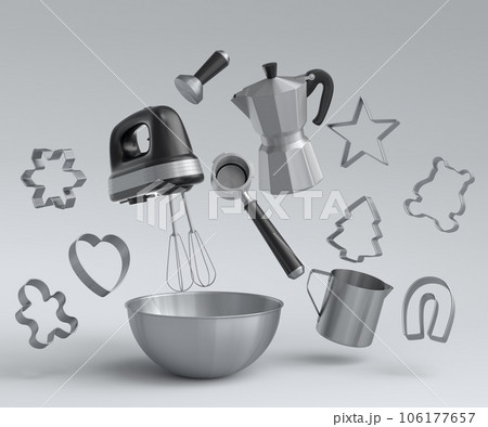 Metal bowl with electric mixer and cookie cutters on white background 106177657