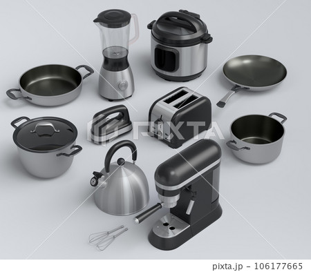 Kitchen appliances and utensils for making breakfast on white background 106177665