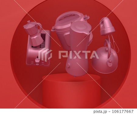 Abstract scene or podium with kitchen appliances and utensils on monochrome. Abstract scene or podium with kitchen appliances and utensils on monochrome. 106177667