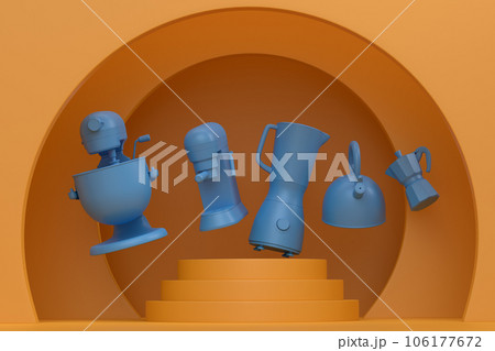 Abstract scene or podium with kitchen appliances and utensils on monochrome. 106177672