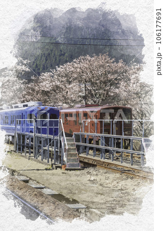 水彩画風　若桜駅　車両　鳥取県八頭郡若桜町 106177691