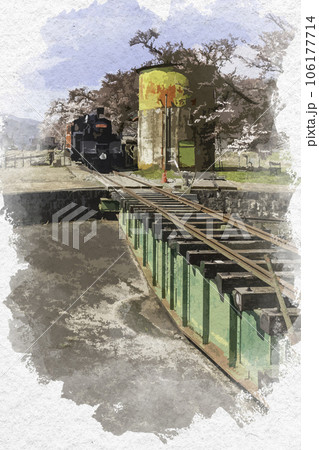 水彩画風　若桜駅　転車台　鳥取県八頭郡若桜町 106177714