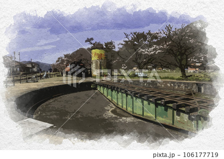 水彩画風　若桜駅　転車台　鳥取県八頭郡若桜町 106177719