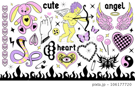Y2k 2000s cute emo goth aesthetic stickers, tattoo art elements and slogan. Vintage pink and black gloomy set. Gothic concept of creepy love. Vector illustration 106177720