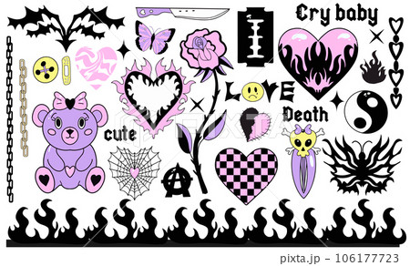 Y2k 2000s cute emo goth aesthetic stickers, tattoo art elements and slogan. Vintage pink and black gloomy set. Gothic concept of creepy love. Vector illustration Y2k 2000s cute emo goth aesthetic stickers, tattoo art elements and slogan. Vintage pink and black gloomy set. Gothic concept of creepy love. Vector illustration 106177723