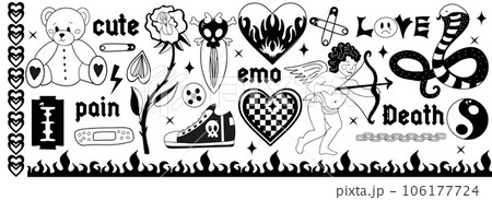 Y2k 2000s black grunge emo goth aesthetic stickers, tattoo art elements and slogan. Punk rock gloomy set. Gothic concept of creepy love. Vector illustration Y2k 2000s black grunge emo goth aesthetic stickers, tattoo art elements and slogan. Punk rock gloomy set. Gothic concept of creepy love. Vector illustration 106177724