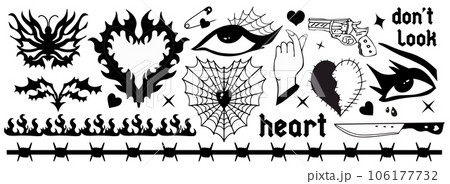 Y2k 2000s black grunge emo goth aesthetic stickers, tattoo art elements and slogan. Punk rock gloomy set. Gothic concept of creepy love. Vector illustration 106177732