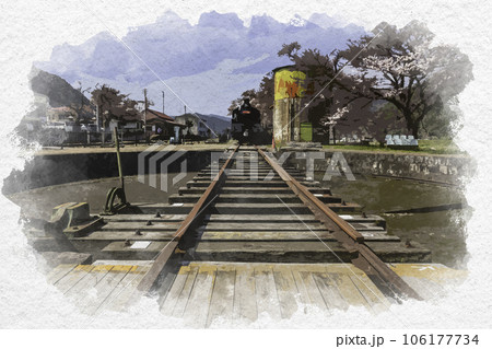 水彩画風　若桜駅　転車台　鳥取県八頭郡若桜町 106177734