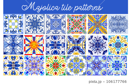 Majolica patterns set. Sicilian hand drawn blue ornament. Traditional blue and white ceramic tiles. Portuguese traditional azulejo pattern. Moroccan style.Vector illustration  106177766