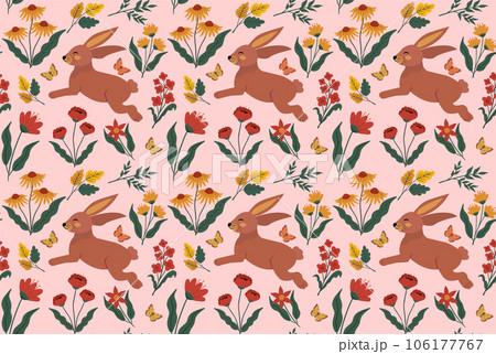 Cute, white rabbits on floral background. Seamless pattern. Vector illustration 106177767