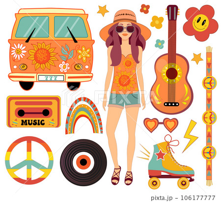 Groovy hippie 70s vector set. Cartoon funny style. Psychedelic flower, heart, retro girl, rainbow, roller-skates. Isolated sticker pack.Vector illustration 106177777