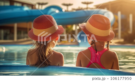 children in aquapark back view. Ai Generative 106177950
