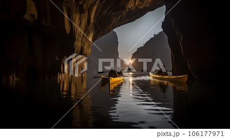 Silhouette of man kayaking on lake kayaks at night in the cave. Ai Generative 106177971