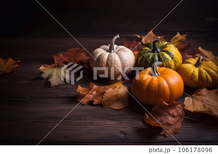 Pumpkin with autumn leaf on wooden table. Generative AI 106178096