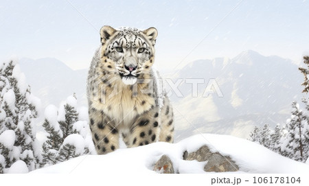Snow leopard photo realistic illustration - Generative AI. Snow leopard photo realistic illustration - Generative AI. 106178104